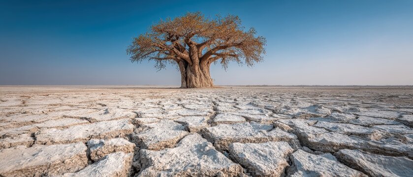Baobab tree in arid landscape with cracked dry ground