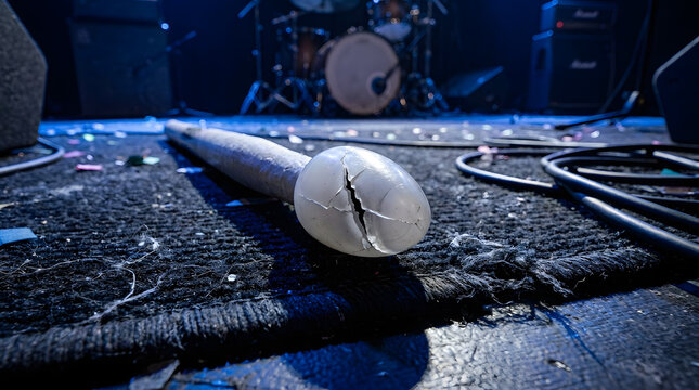 Broken Guitar on Stage with Drum Set