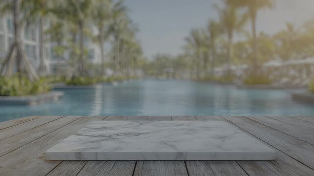 Empty white marble table top with blurred tropical pool background, summer resort display with copy space