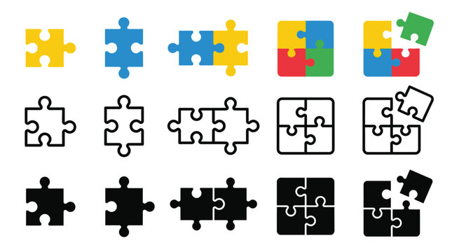 Colorful and monochrome puzzle pieces displayed in a grid for this creative conceptual design photo image