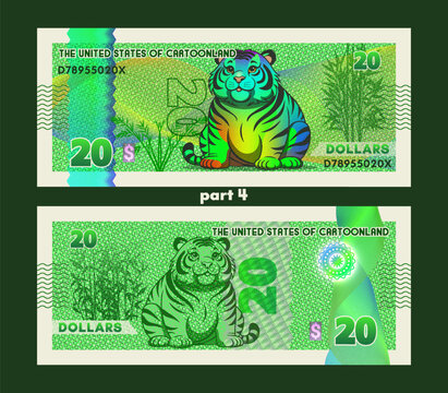 Beautiful vector cartoon banknote. Obverse and reverse. Chubby cute rainbow tiger toon. Colorful 20 dollars bill. Guilloche, security mesh and hologram. Twenty. Green game coupon. Part 4