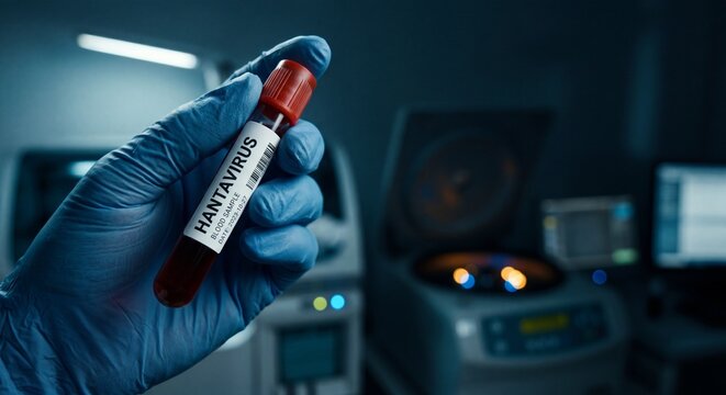 Hantavirus blood specimen tube in blue gloved hand, medical lab diagnosis, copy space on the right