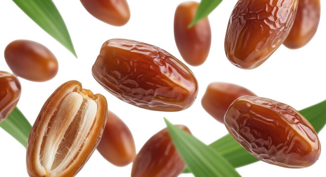 Falling brown dried date fruits with green palm leaves isolated on a black background, showing whole and halved dates with visible texture