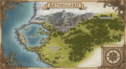 Naklejka premium Fantasy map of aethelgard featuring mountains, a large lake, dense forests, golden fields, and an ornate compass rose border