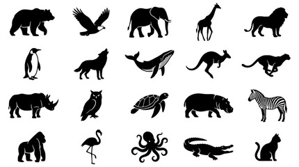 Obraz premium Animals set with various species including bears, birds, and reptiles in silhouette style featuring wildlife, bear, bird with penguin and wolf