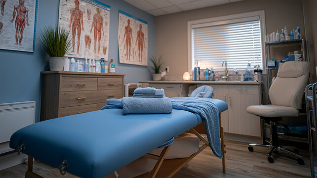 Cosmetology spa treatment room with a neatly made massage table, magnifying lamp, dermatology room. Professional massage setup for relaxing wellness treatments.