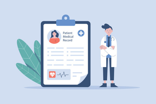 Minimal flat vector illustration of a patient medical record clipboard with healthcare data, profile information, and medical icons. Suitable for healthcare apps, hospital websites, medical dashboards