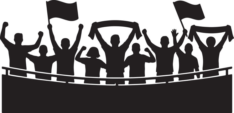 Silhouette of cheering sports fans waving flags and scarves with cheering