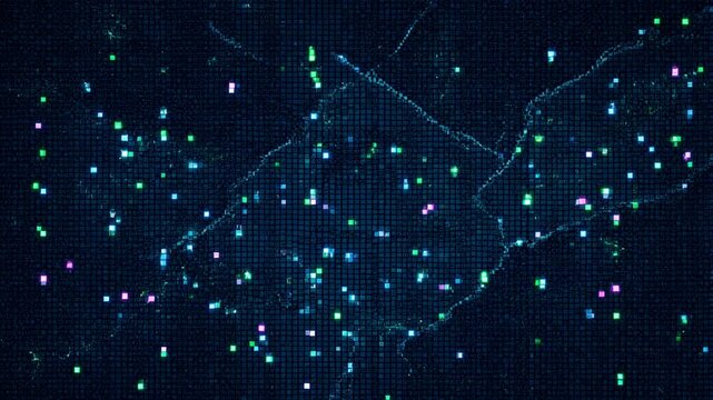 Futuristic digital network map animation, glowing blue data nodes and connecting lines, abstract technology background loop