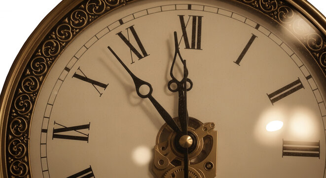 Close-up of an antique round wall clock with a cream face, black roman numerals, and ornate metallic hands showing nearly twelve o'clock