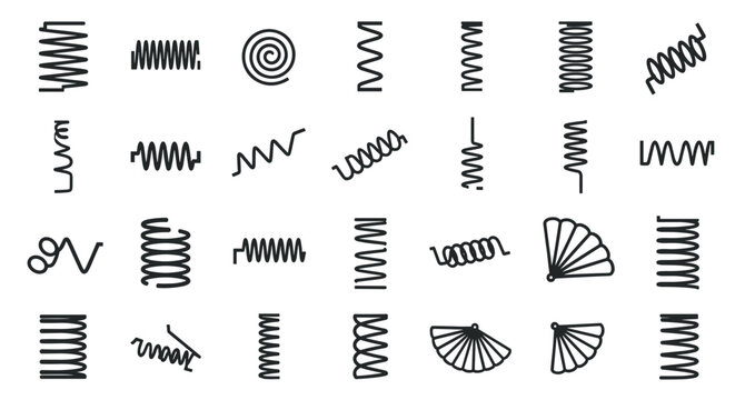 Collection of black line icons representing various types of industrial metal springs and flexible coils on a white base.