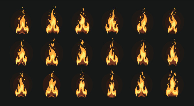 Set of fifteen pixel art frames for a fire animation showing a flickering orange and yellow flame on a dark background.