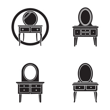 Four black and white icons of dressing tables with mirrors on top  various styles and designs  furniture for home and bedroom  simple illustrations