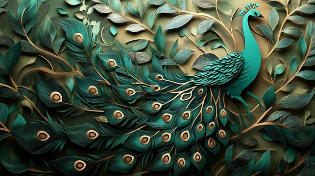 Emerald peacock amidst foliage 3d art