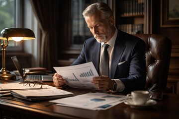 Fototapeta premium A mature businessman sits at his desk in a classic office setting, deeply focused while reading a detailed financial report, reflecting professional expertise and serious corporate leadership.