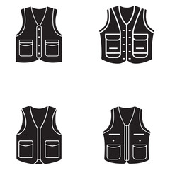 Four black and white illustrations of different vest styles with pockets and zippers  various designs © BIBI