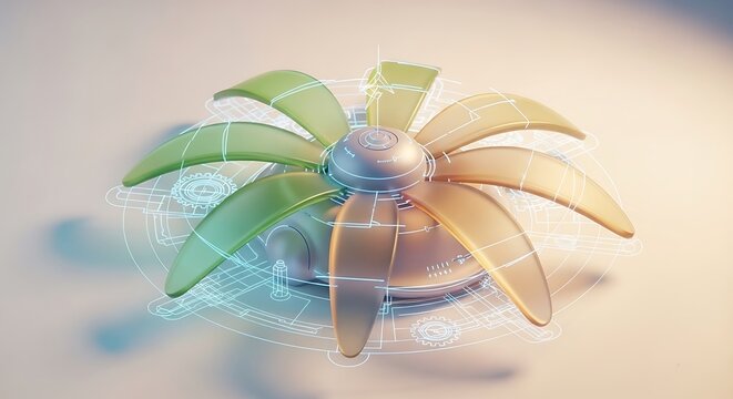 High tech mechanical propeller with green and gold blades, metal center, and transparent blueprint background.