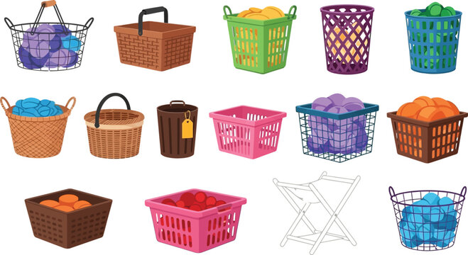 Colorful laundry baskets and hamper collection Vector