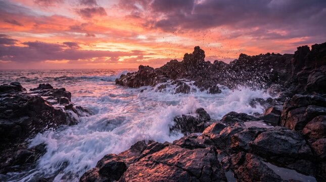 Dramatic close up of turbulent ocean waves crashing against rugged rocks during a vibrant sunset with fiery orange and pink hues illuminating the sky and reflecting on the water surface