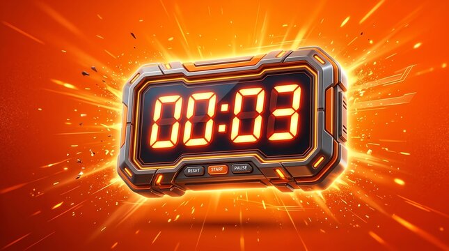 Digital countdown timer displaying three seconds remaining with vibrant orange background.