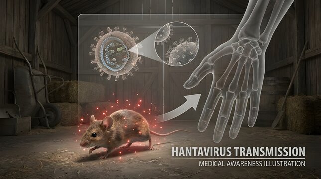 Hantavirus transmission mouse virus particles and human hand illustration