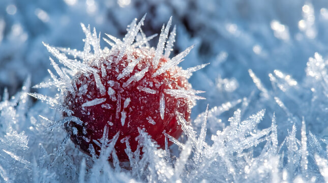 A delicate red berry encased in frost crystals, showcasing the intricate beauty of winter's touch on nature with a shallow depth of field