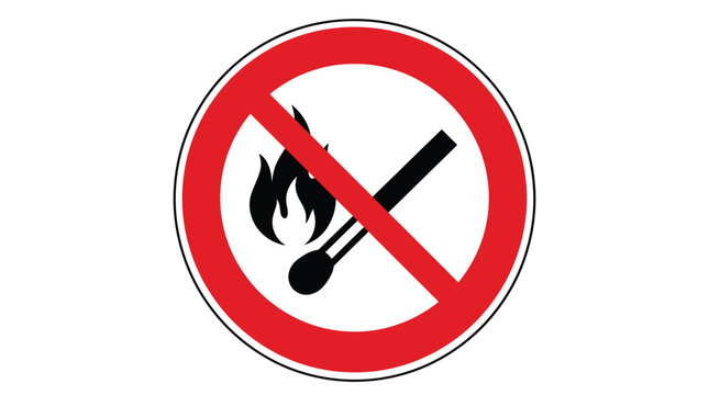 Prohibitory circular sign displaying a matchstick and fire graphic indicating that open flames are strictly forbidden