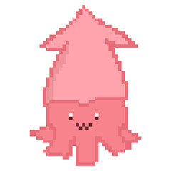 Obraz premium Pixel art pink squid with arrow body and smiling face isolated on white