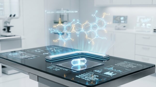 A glowing capsule rests on a digital lab table with a holographic molecular model. Concept biotech, pharma, drug discovery, healthcare, chemistry, ai research, innovation marketing. Generative AI.