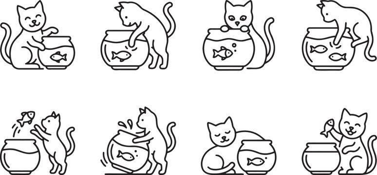 Playful cat characters interacting with fish bowls and goldfish icons