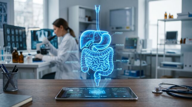 Glowing holographic digestive tract model floats above a tablet in a medical lab. Concept gastroenterology, diagnosis, research, education, biotech, telemedicine, healthcare marketing. Generative AI.