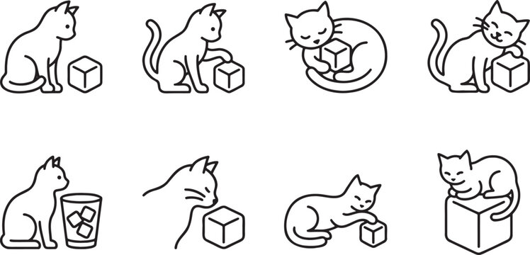 Minimalist cat playing with cube box and geometric object illustration set