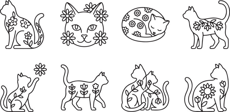 Decorative floral cats with spring flower and botanical leaf designs