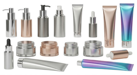 Obraz premium Collection of empty cosmetic packaging including pump bottles, dropper vials, cream jars, and squeeze tubes in metallic, silver, and