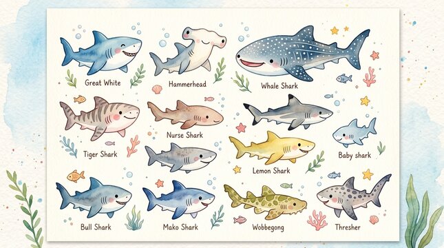 shark baby shark great white shark tiger shark hammerhead shark whale shark nurse shark lemon shark bull shark mako shark wobbegong thresher shark poster ocean creatures