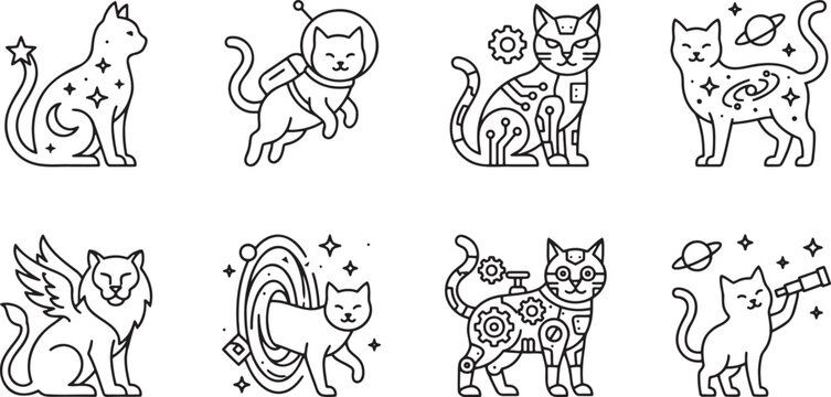 Imaginative futuristic and fantasy cats including astronauts cyborgs and celestial felines