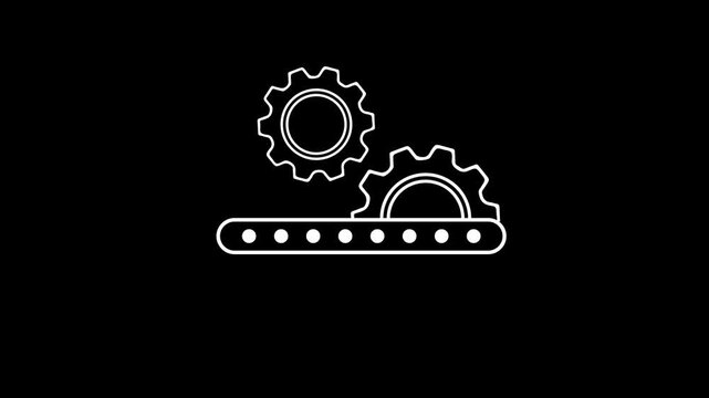 Industrial processes and automation. Two interlocking gears on top of a conveyor belt, symbol of manufacturing, automated production. 2D motion graphics in 4K resolution with alpha channel.