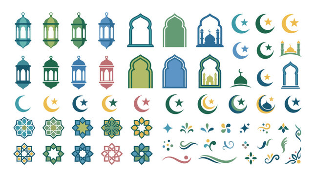 Collection of Islamic Decorative Icons and Elements Featuring Lanterns, Crescents, and Mosque Silhouettes for Ramadan and Eid Celebrations