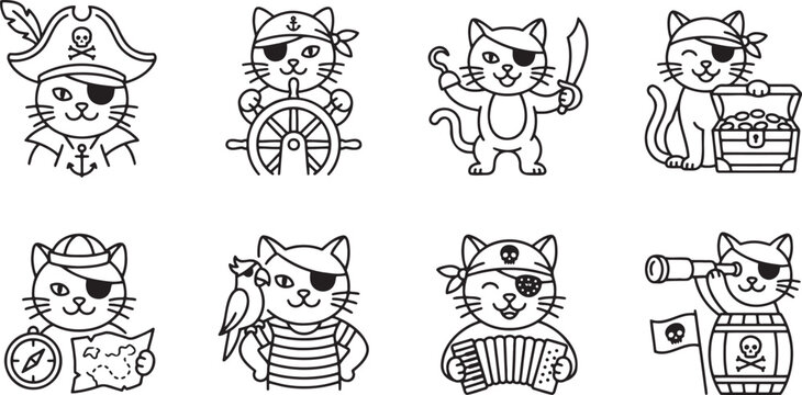 Funny pirate cat characters with nautical accessories treasure and adventure gear