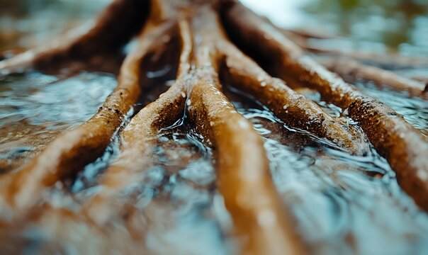Close-up of tree roots submerged in shallow water intricate patterns abstract background plant roots tree trunk organic shapes nature background brown roots root system submerged