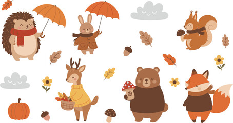 Large set of hand-drawn flat vector illustrations featuring autumnal woodland animals in cozy clothing and seasonal symbols, isolated on a white background. © ZOWRON