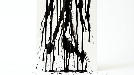 Fototapeta premium Abstract black ink splashes and drips on white background creating a dynamic artistic composition.