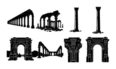 Ancient Roman Ruins, Architectural Elements, Arches and Columns, Historical Structures, Black Silhouette Vector Set © Rodela