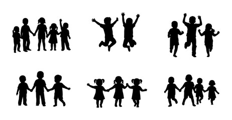 Fototapeta premium Diverse Children Silhouettes, Group of Kids Holding Hands, Jumping Joyfully, Vector Icons for Family, Childhood, Play, and Community Themes