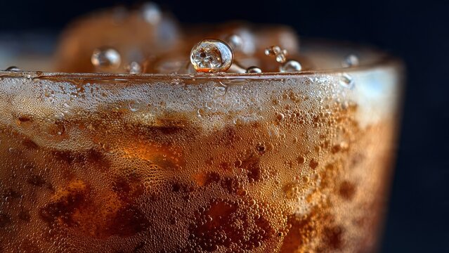 Macro view of a refreshing carbonated cola beverage with ice cubes and bubbling foam showing condensation and fizz on a dark background
