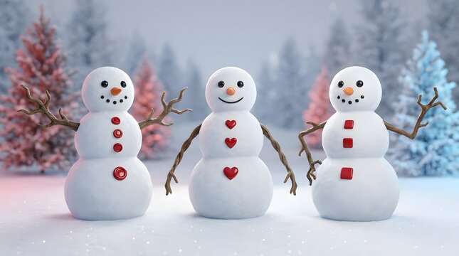 Three cheerful snowmen stand proudly in a glistening winter wonderland, adorned with festive buttons and natural stick arms, embodying the joy and magic of the holiday season