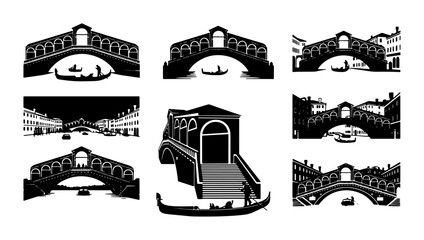 Rialto Bridge Vector Icons Set, Venice Landmark Silhouettes, Gondola Travel Art, Italian Architecture Collection © Mahia