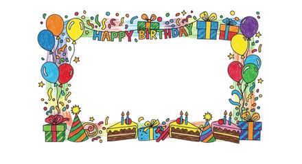 Obraz premium Hand-drawn happy birthday rectangular frame with colorful balloons, gift boxes, party hats, and cake slices on a black background