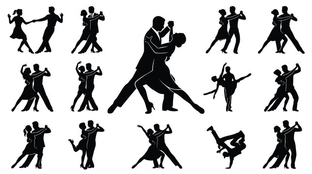 Several elegant silhouettes of couples performing various ballroom dance moves in this detailed black graphic illustration