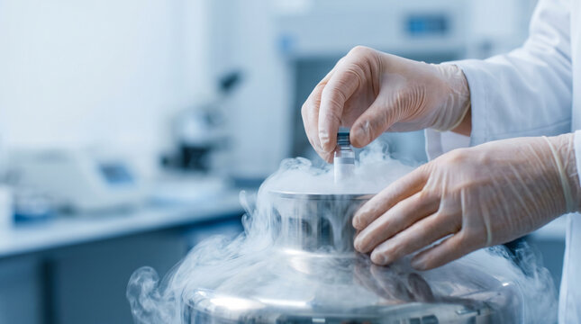 Scientist or Lab Technician with Protective Gloves Extracting Sample Vial from Liquid Nitrogen Cryogenic Storage Tank Container in Medical Research Laboratory Room Background Photo